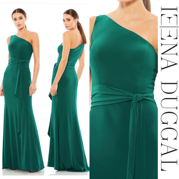 Ieena x Mac Duggal - Emerald Jersey One Shoulder Belted Trumpet Gown - Size 8 - Picture 1 of 13